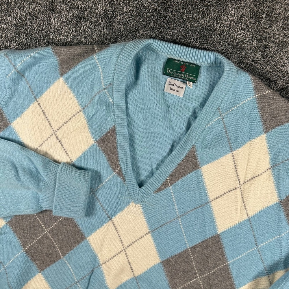 The Scotch House Cashmere Sweater Mens 46 Argyle Blue V-Neck Made in Scotland
